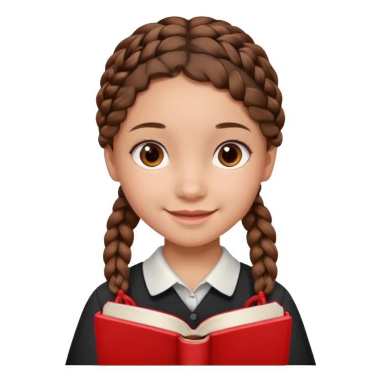 brown braid hair girl kid, student, black gile, red book sticker