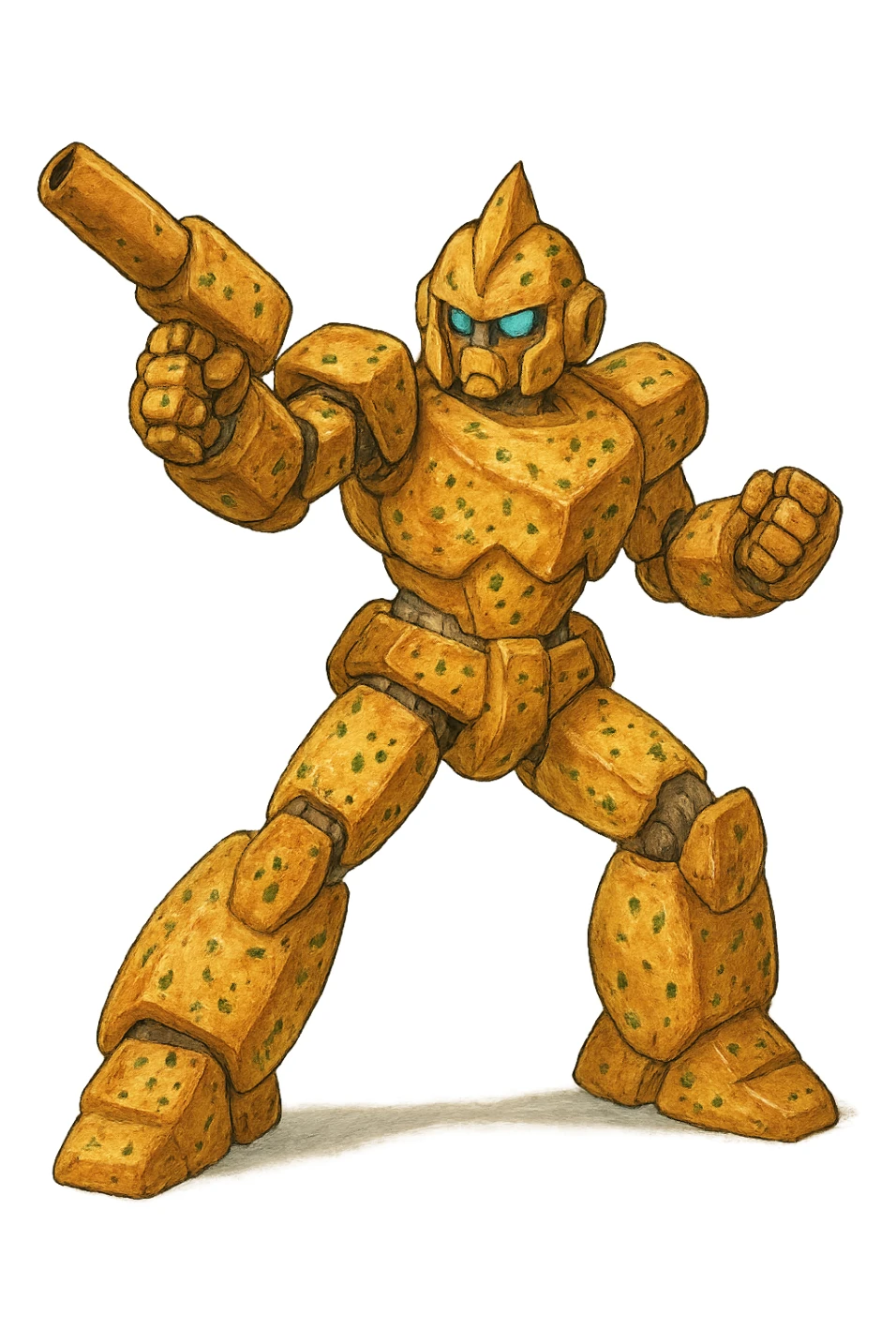 A transforming robot warrior with his blaster raised, action pose, except it’s garlic bread  sticker
