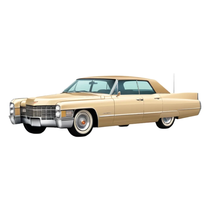 Streamlined beige 1966 Cadillac DeVille, minimal design language, 30-degree view showing simplified front and side, Once Upon a Hollywood reference, iOS emoji style sticker