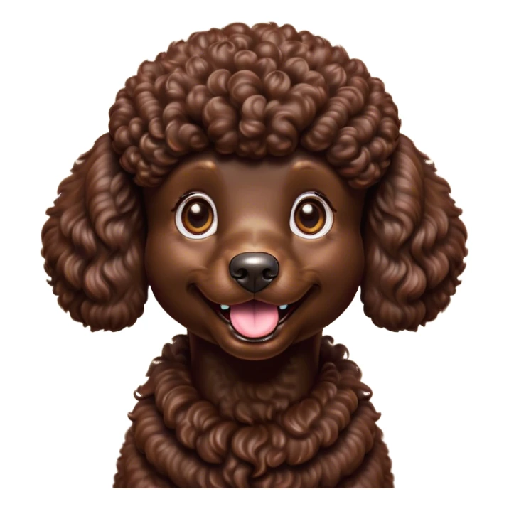 Cinematic Comical Chocolate Poodle Portrait Emoji, Head tilted dramatically with an exaggeratedly amused expression, featuring a glossy, curly chocolate Fur with a bouncy texture, wide, expressive brown eyes filled with playful disbelief, Simplified yet hilariously expressive features, highly detailed, glowing with a slightly sassy glow, high shine, dramatic yet playful, stylized with an air of cheeky mischief, bright and endearing, soft glowing outline, capturing the essence of a spirited and over-the-top companion, so meme-worthy it feels like it could side-eye its way into internet fame instantly! sticker