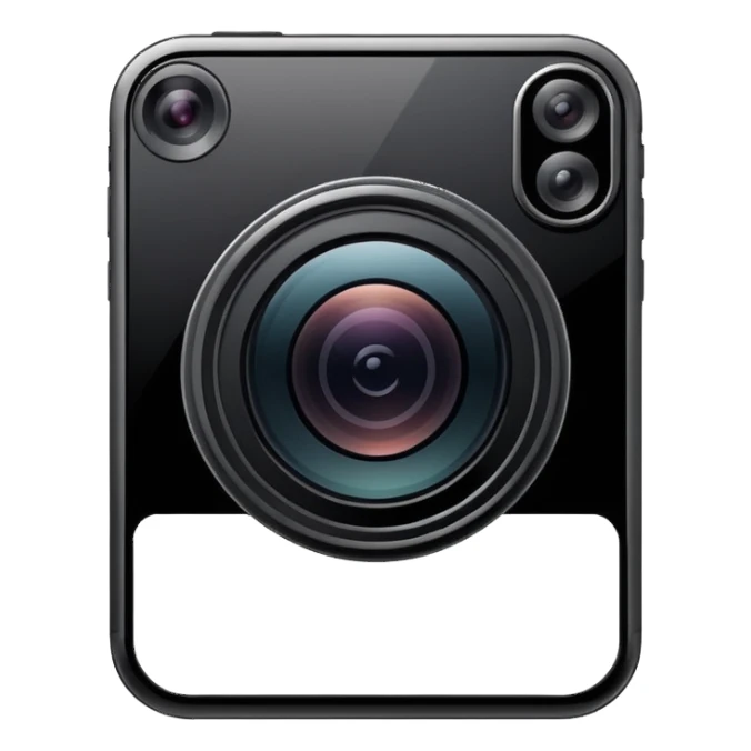 Minimalistic flat vector icon, iOS style, thin black contour on white background. Smartphone with a camera lens symbol. No text, no shadows.
 sticker