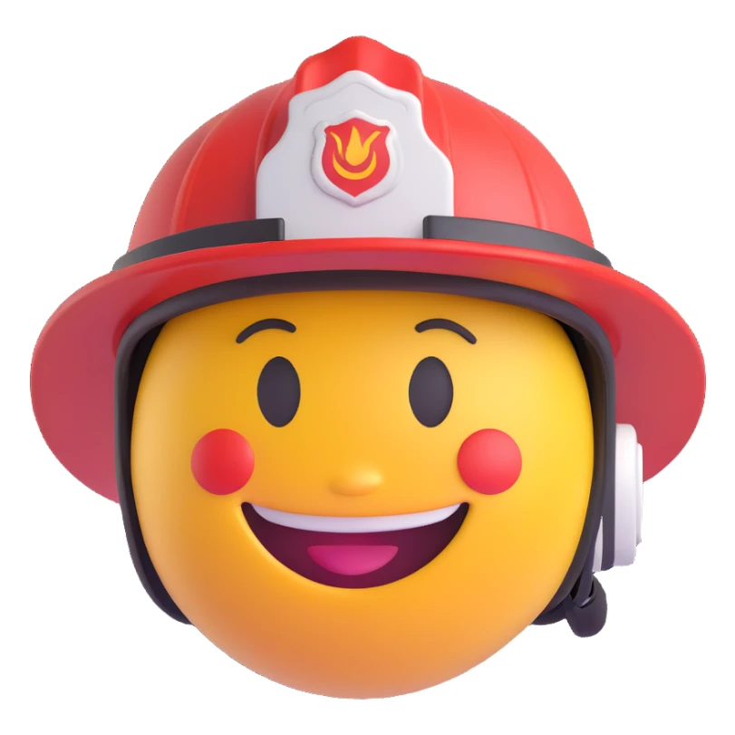 3D smiley emoji, round shape, firefighter helmet, smiling face sticker
