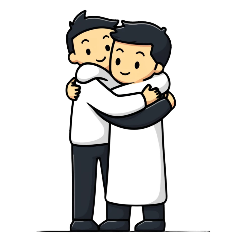 man hugging another person while making a quiet sign sticker