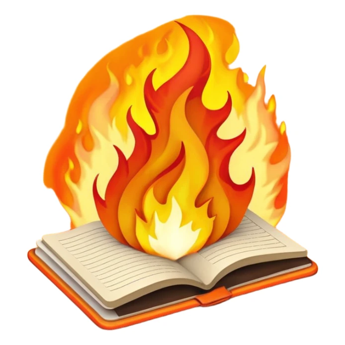 open notebook with rising flames above sticker