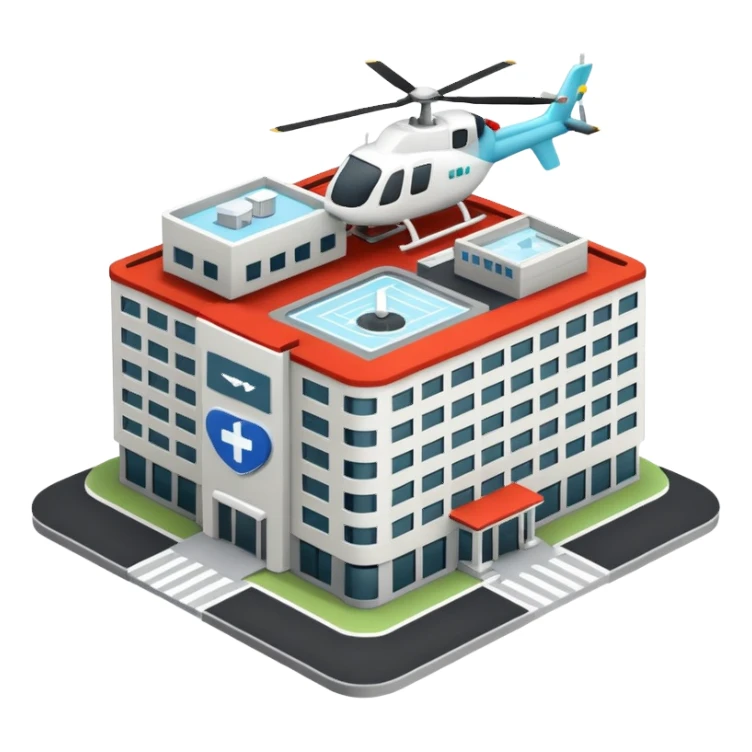 hospital isometric view building with heliport sticker