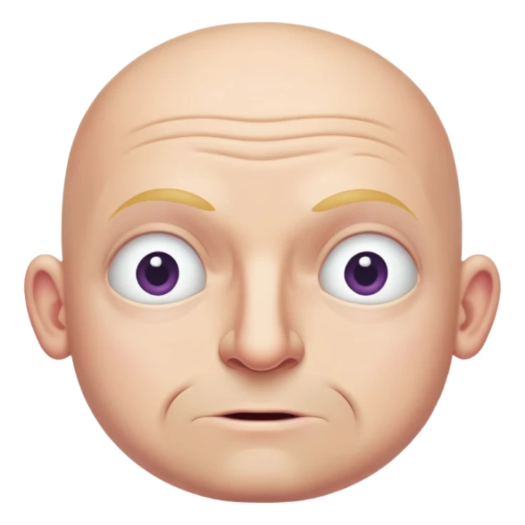 Steven Miller, bald, pronounced grimace, narrow rectangular head, bottom lip sticking out, eyelids almost closed and lower on the outside sticker