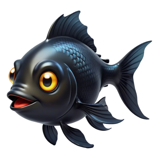 Cinematic Comical Black Goldfish Portrait Emoji, Head tilted dramatically with an exaggeratedly amused expression, featuring a striking, glossy deep black body with vibrant, fluttering fins, wide, expressive golden eyes filled with playful disbelief, Simplified yet hilariously expressive features, highly detailed, glowing with a slightly sassy glow, high shine, dramatic yet playful, stylized with an air of cheeky mischief, bright and endearing, soft glowing outline, capturing the essence of a spirited and over-the-top goldfish, so meme-worthy it feels like it could side-eye its way into internet fame instantly! sticker