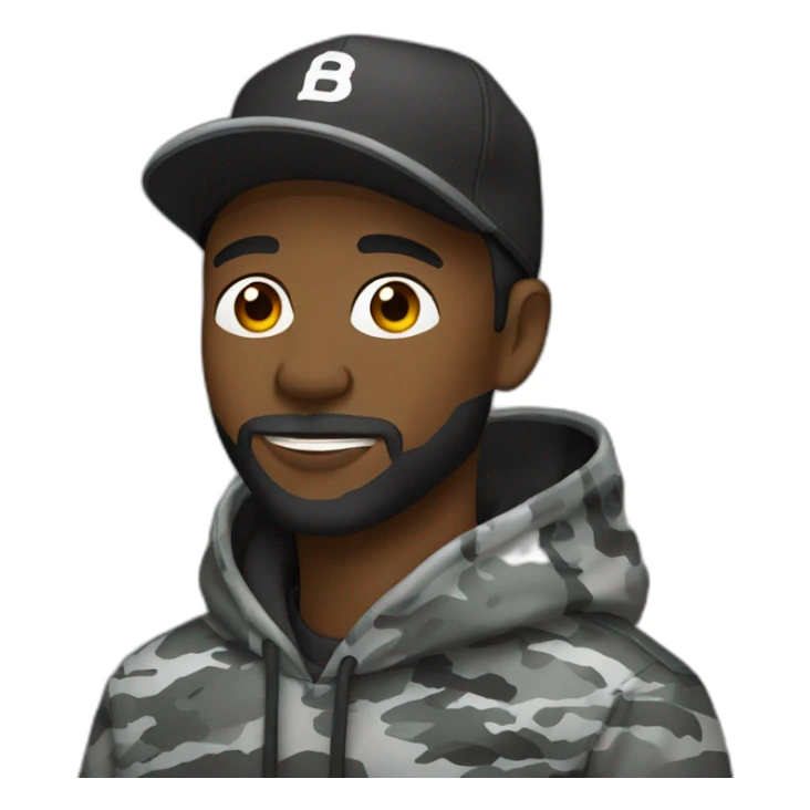 black man with a beard, gray camo hat, black pullover  hoodie sticker