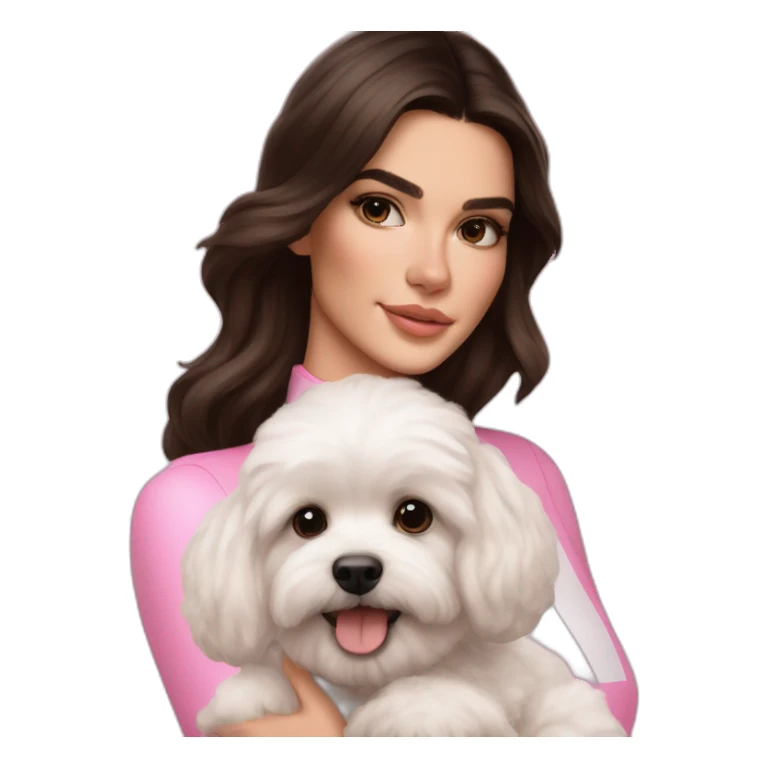 brunette Kendall Jenner with long hair holding on the hands white maltipoo wearing pink collar sticker