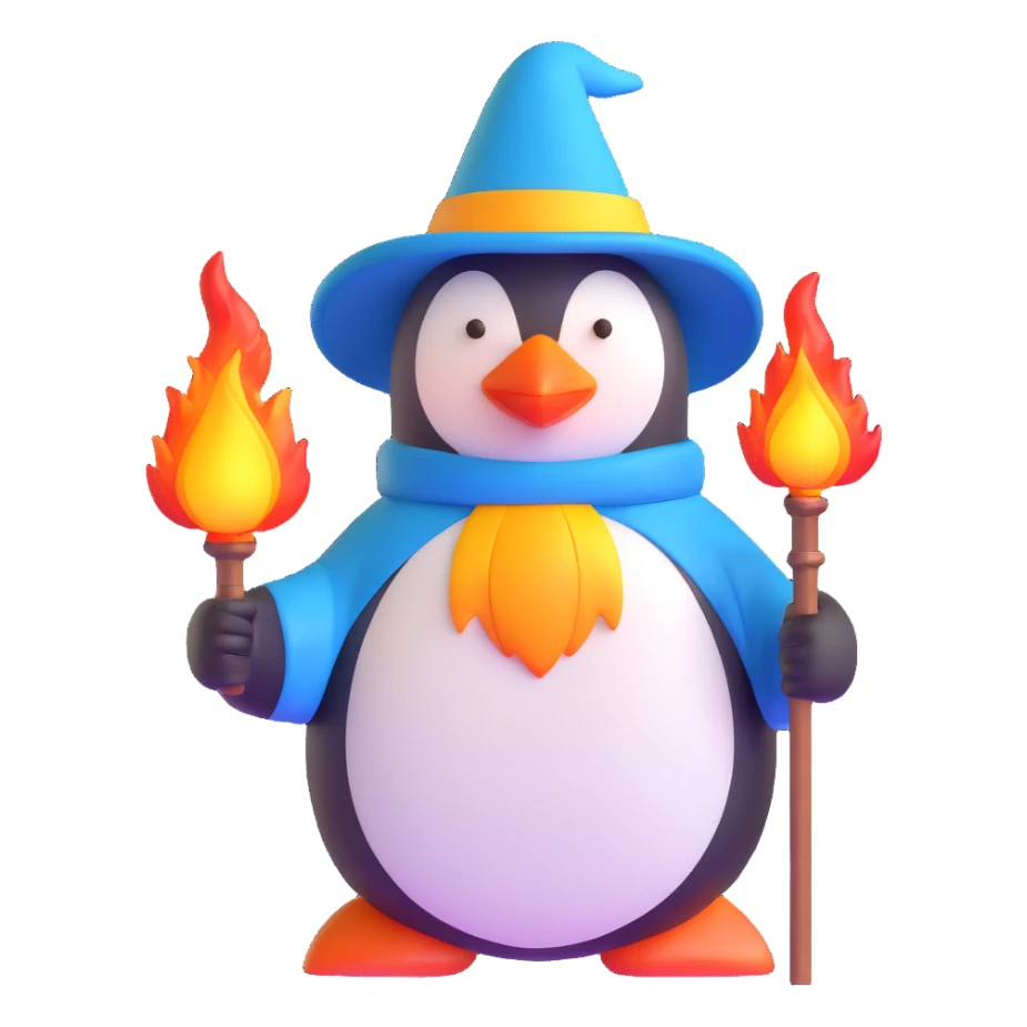 penguin wizard with fire staff and flames sticker