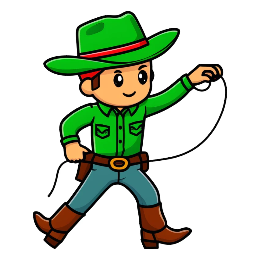 Cowboy wearing a green hat with a lasso sticker