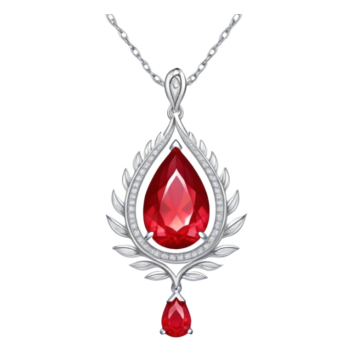 teardrop ruby pendant with fiery light, tiny phoenix feather emerging, haloed by shimmering white stones, silver chain like liquid moonlight sticker