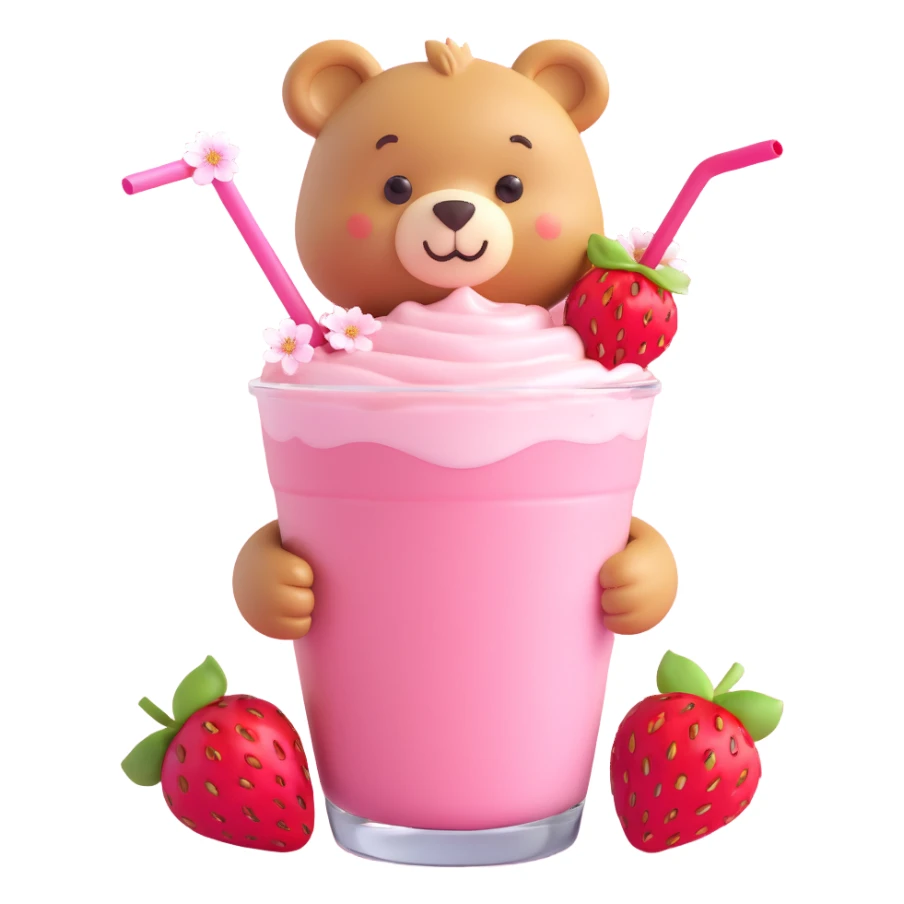 cute bear peeking from a strawberry milkshake cup with a straw, two strawberries, cherry blossom flowers, pastel colors, soft shadows, clean minimal aesthetic, 3D iOS style sticker