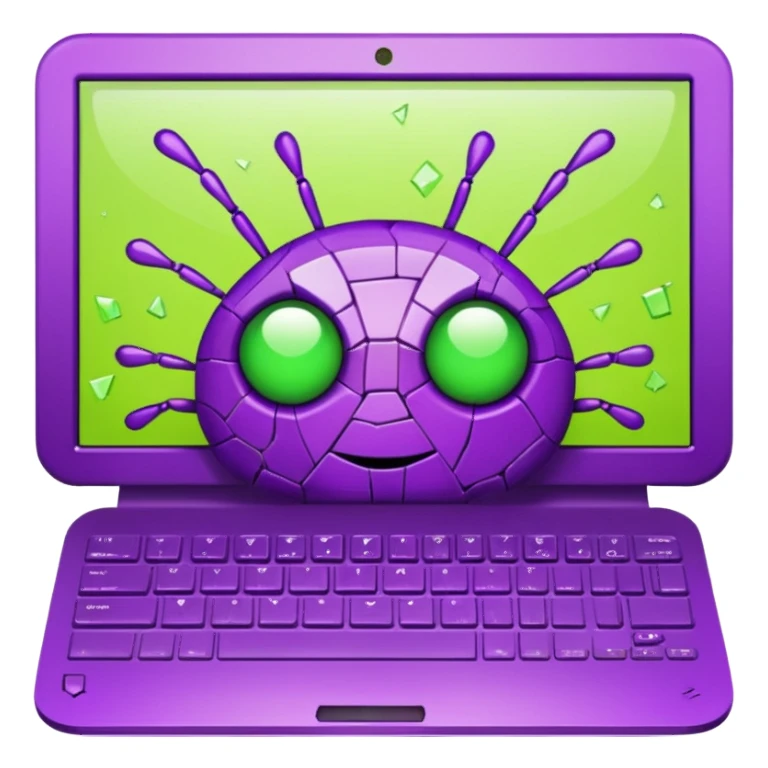 Broken computer screen with poxelated bugs. Color scheme is purple and limegreen sticker