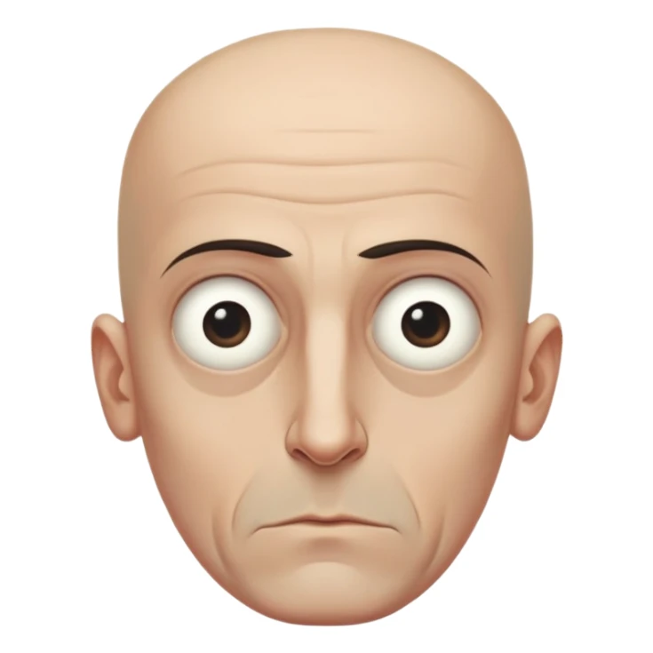 Steven Miller, bald, very grim expression, very narrow rectangular head, pronounced sagging eyelids lower on the outer sides, bottom lip sticking out sticker