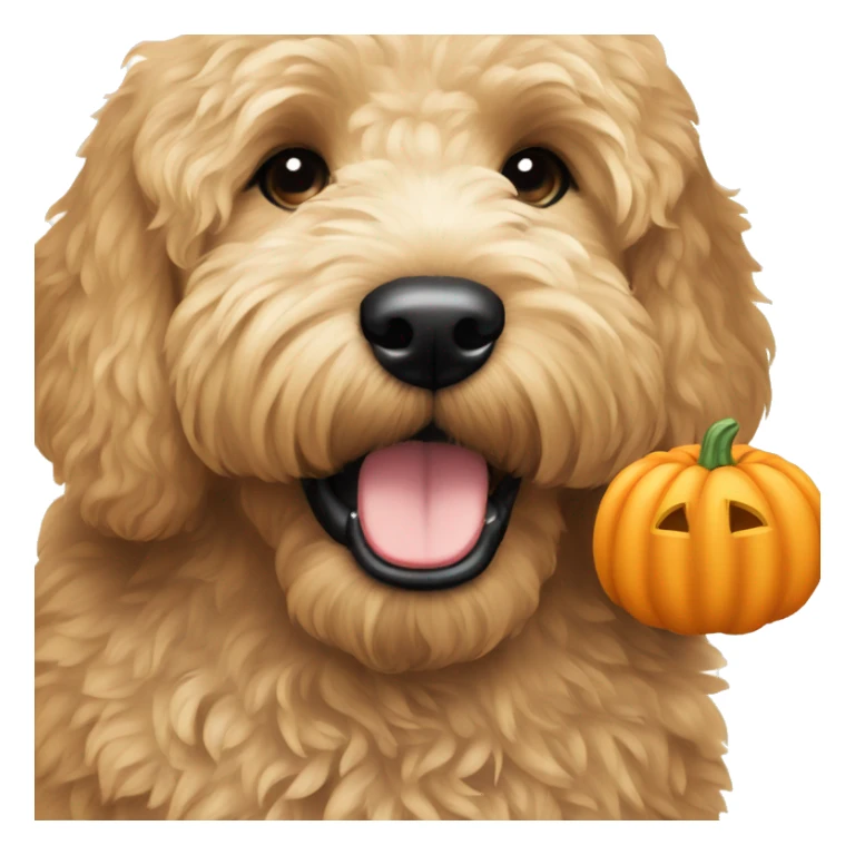 A goldendoodle with a pumpkin sticker