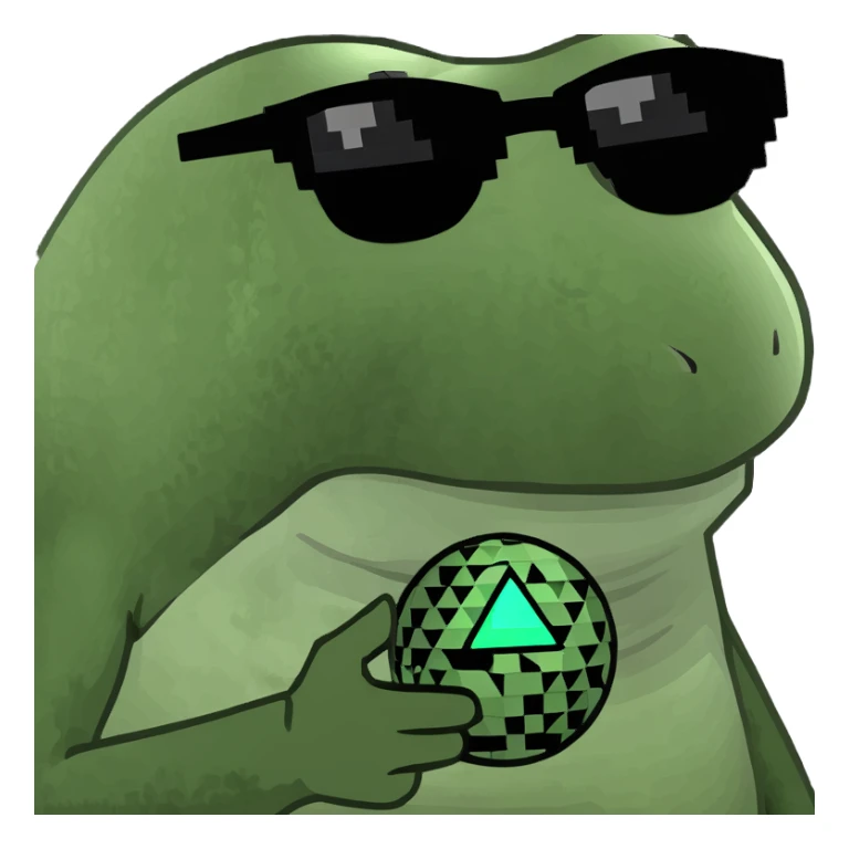 bufo with triangle shaped 8 bit sunglasses full black, confident smile, with a mini black powerful orb in his hand sticker