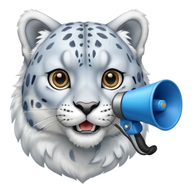 realistic snow leopard head speaking into a blue megaphone sticker