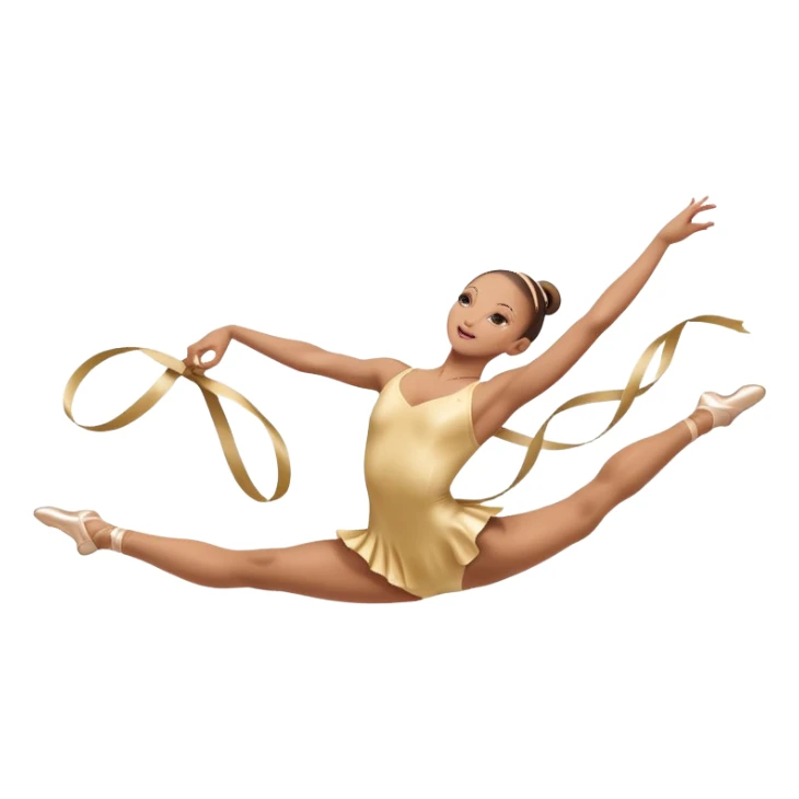 A graceful rhythmic gymnast performing with a flowing ribbon, executing an elegant leap mid-air. The pose exudes flexibility, balance, and artistry. The background suggests a competition arena with soft lighting, emphasizing movement, precision, and the beauty of the sport. sticker