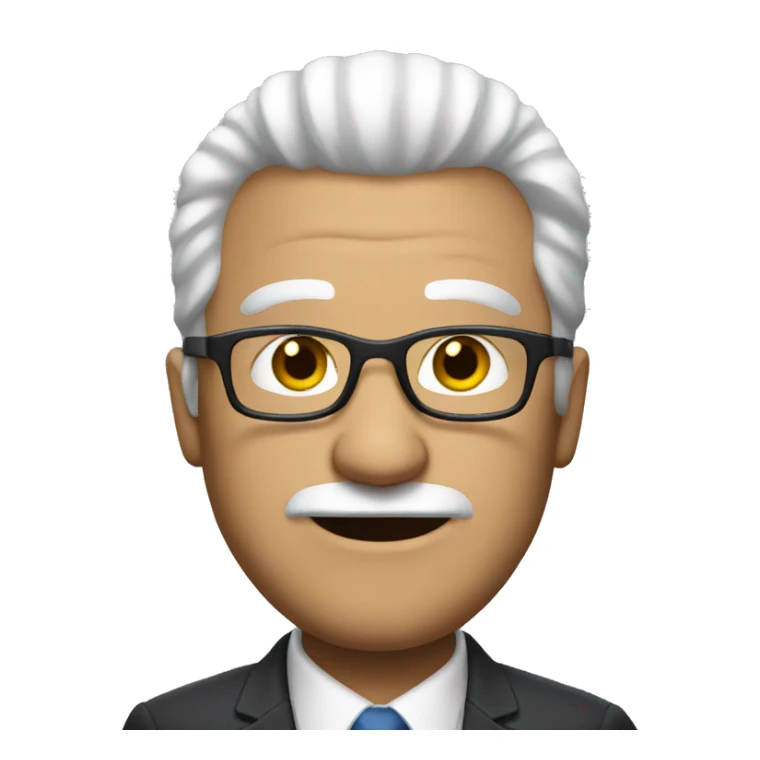 A heavy man white hair and glasses wearing a suit sticker