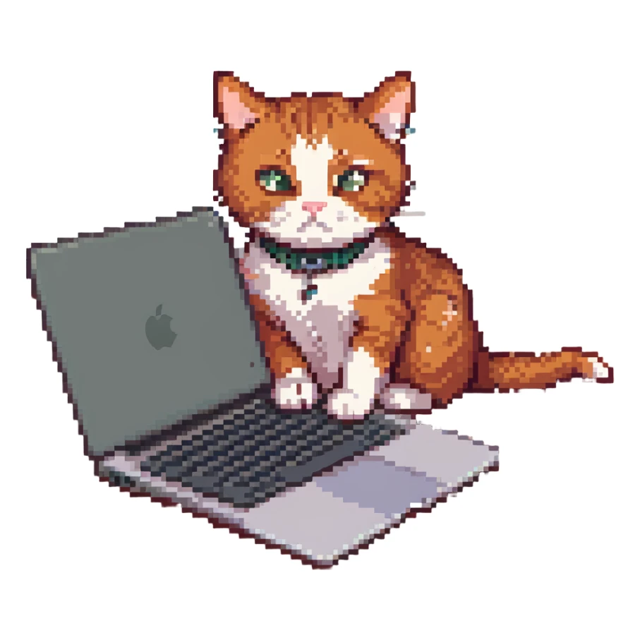 redhead cat typing intensely on a MacBook, determined expression, playful, pixel art style sticker