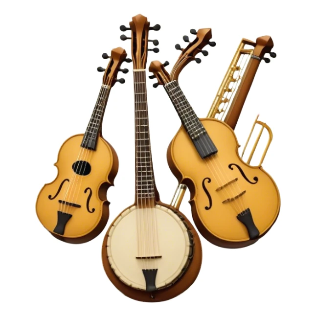 Design a complex, festive, and professional emblem-like emoji representing plucked string instruments. The composition should resemble a heraldic crest, featuring iconic instruments like a banjo, mandolin, domra, and sitar, artistically arranged in a balanced and symmetrical layout. The necks of the instruments should extend upward, intertwining with a flowing ribbon of musical notes, which weaves elegantly around the strings and headstocks. The design should incorporate intricate details, such as carved patterns on the instruments and decorative fretboards, while maintaining clarity and recognizability. Use a rich and celebratory color palette with gold, deep brown, and vibrant accents, adding subtle highlights and shadows for a polished, three-dimensional look. Include ornate elements like laurels, swirls, or subtle engraving to enhance the emblematic feel. The background should be transparent to highlight the composition as a standalone emblem. sticker
