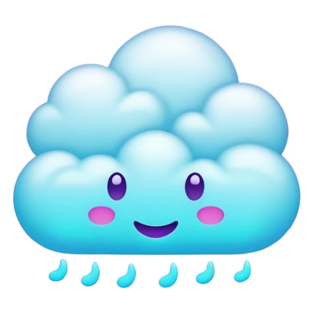 Small cloud with multiple emoji-style expressions (happy, sleepy, mischievous), glowing purple/cyan neon, playful aesthetic. sticker