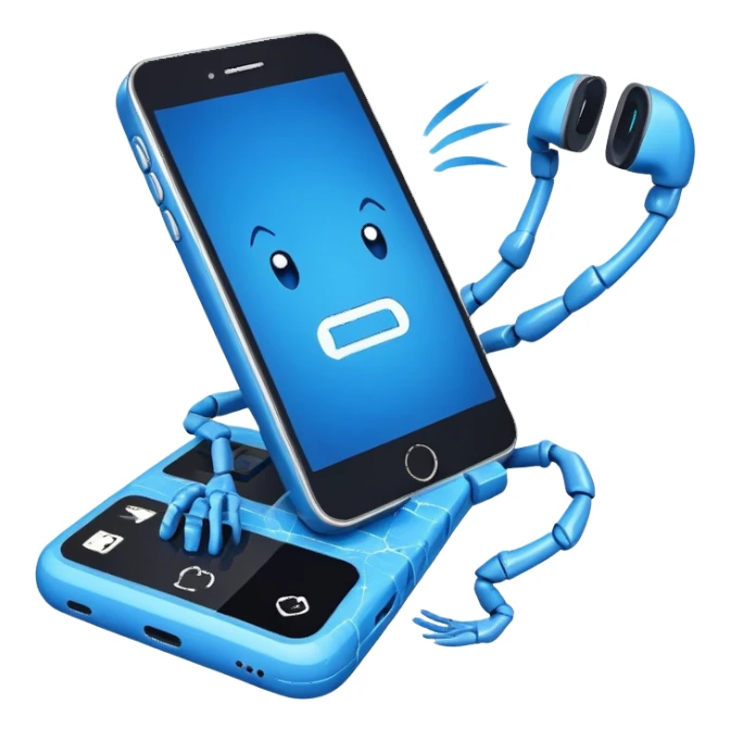 a phone with limbs, blue screen sticker