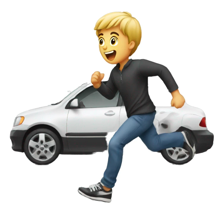 boy running behind a car sticker