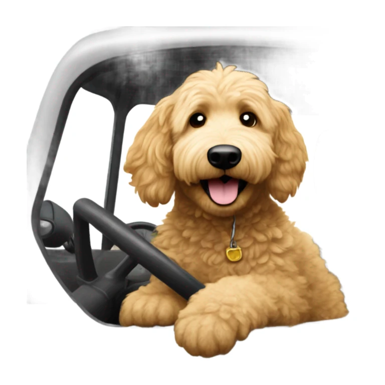 Golden doodle driving a tractor sticker