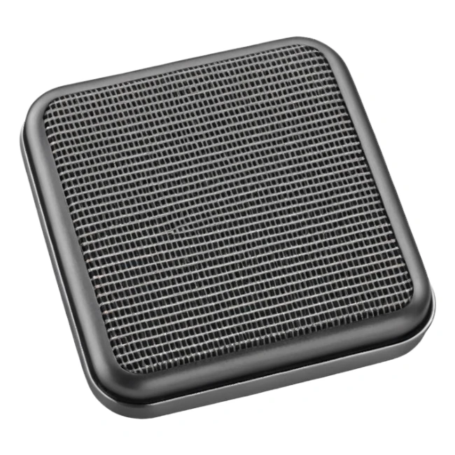 compact square scrub pad with dense textured metallic surface in dark silver tones, tightly woven mesh, slightly coarse matte finish, heavy-duty scouring, apple emoji style, soft lighting, subtle shadows, emoji scale sticker