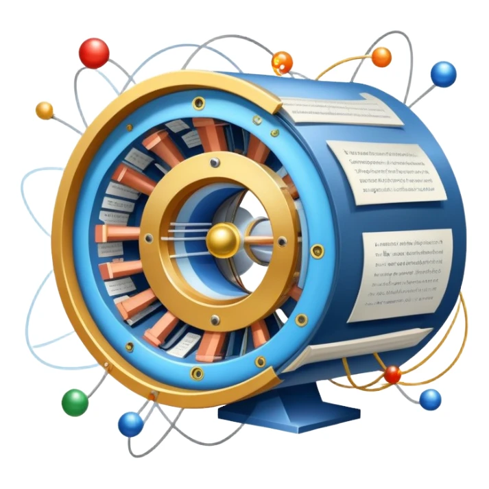 An icon featuring a physics textbook, a large Hadron Collider with particles flying off, symbolizing the study of physics. The design includes atomic models, energy waves, and scientific formulas, representing fundamental physical principles and research. Transparent background. sticker