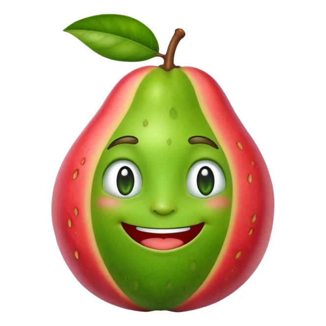 A cartoon guava character with a smiling face sticker