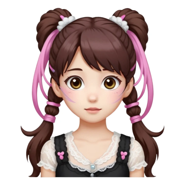 jirai kei, девушка с длинными темно каштановыми волосами и несколько розовых прядей по всей голове в разных местах, прическа два высоких хвоста заплетённые пушистыми белыми резинками. милое лицо. с sticker