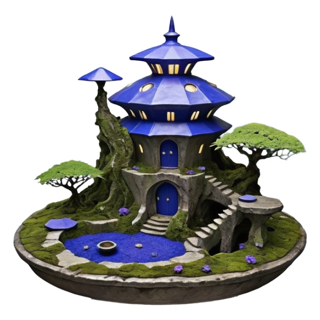  Alien saucer-castle jungle winding trail mountainside getaway haunted nighttime hobbit landscape antique mudman very old broken cracked intricately detailed Stone Age lapis-crusted irregular dodecagon-shaped shallow dark moss rough bark violet flowered maple bonsai Saikei coffee table-sized pot  sticker