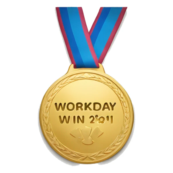 Gold medal with words "Workday Win" engraved on it sticker