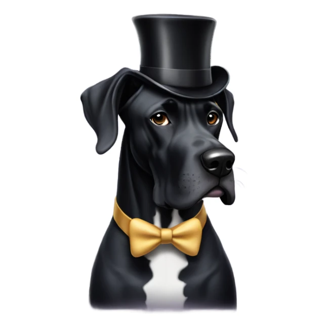 Black Great Dane with uncropped ears wearing a top hat sticker