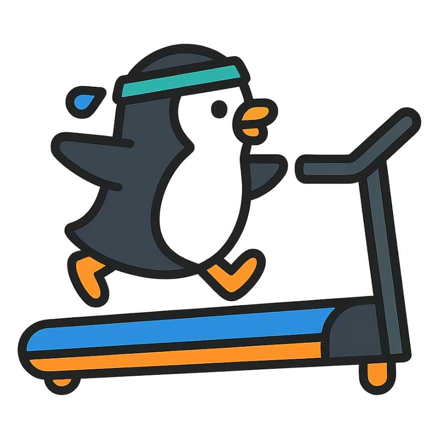 A penguin running on the treadmill sticker