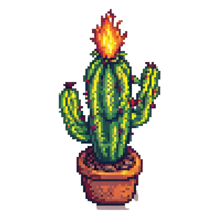 cactus on fire, pixel art style sticker