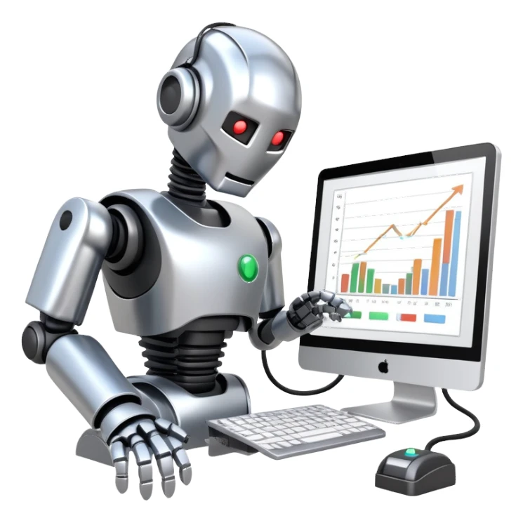 a robot plugged into a computer with charts on it running diagnostics sticker