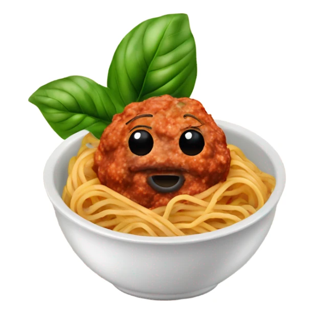spaghetti with meatballs in a bowl with basil sticker
