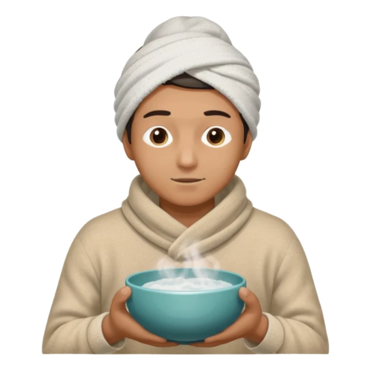 чоловік що дихає парою над мискою в теплій кофті і з полотенцем на голові висить з лівої сторони на праву, двома руками тримаючи миску sticker