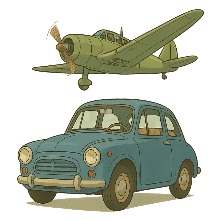 ghibli style car with a plane sticker