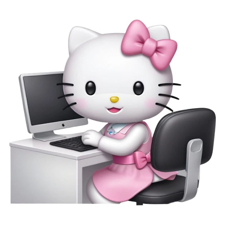 Hello Kitty working at office desk with computer sticker