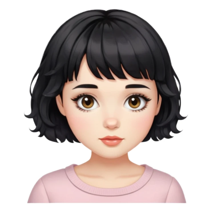 Gorgeous french woman short french haircut tousled wavy hair short straight across baby bangs black hair Amelie Beautiful Blushing Petite Girl with beautiful hair aesthetic sticker
