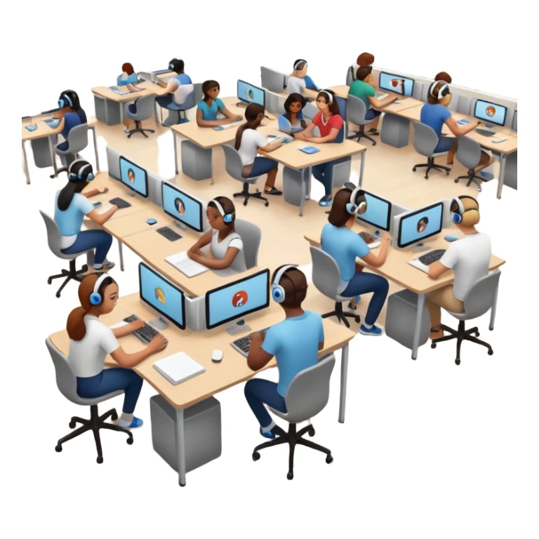 Birdseye view of large study space with students working separately add students wearing Vision Pro headsets sticker