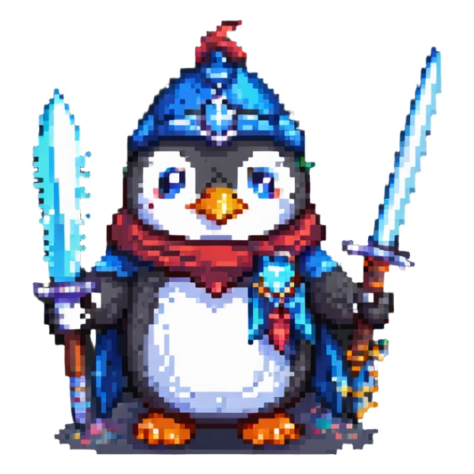 pixel art style penguin with a sword and magical elements sticker