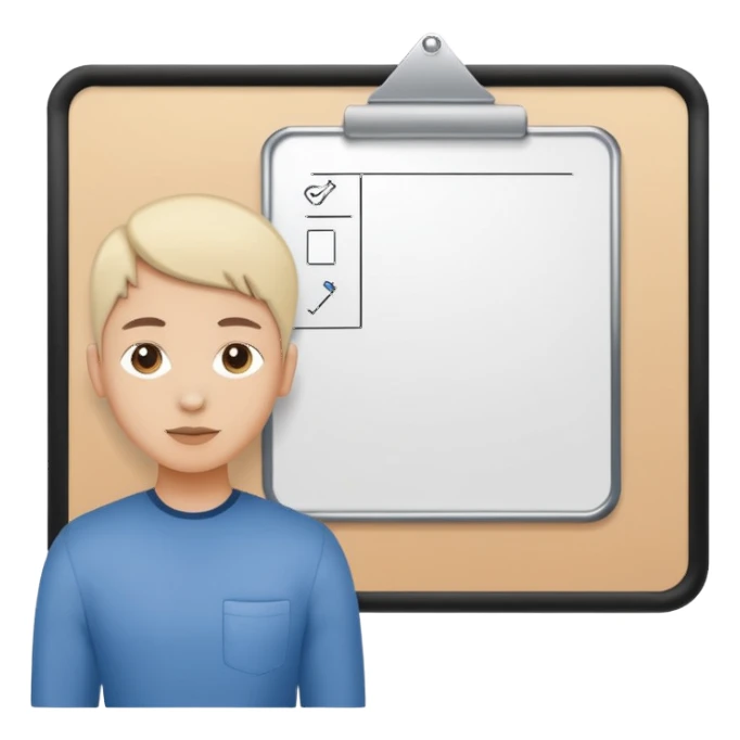 Minimalistic flat vector icon, iOS style, thin black contour on white background. Person silhouette with a project board (kanban/task board) behind. No text, no shadows.
 sticker