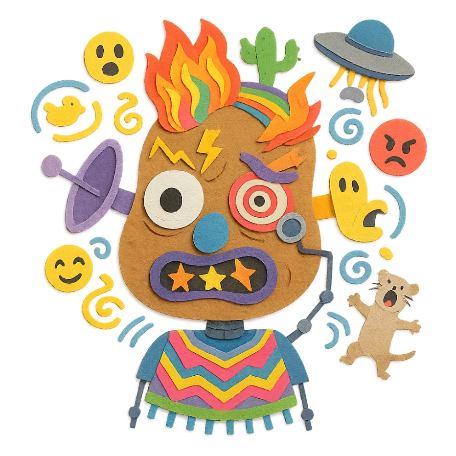 chaotic character with potato-shaped warped face, huge googly eye, tiny angry eye, glitching mouth, star teeth, big nostril, lightning and caterpillar eyebrows, satellite dish and sock puppet ears, half fire half rainbow hair with cactus wearing monocle, UFO dropping spaghetti, robotic body, neon poncho, floating emojis, swirling background of rubber ducks, runes, screaming ferret sticker