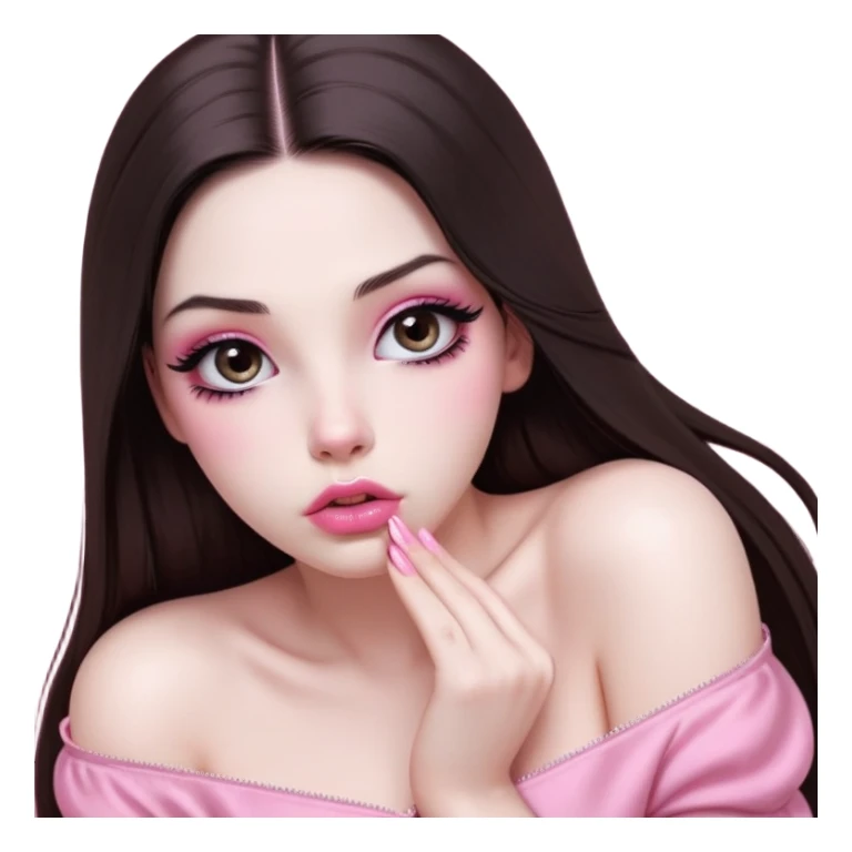 girl with white skin, dark brown long straight hair with middle part falling in front of her body, very big pouty extra shiny lips with absolutely no cupid's bow, big round shiny eyes with black eyeballs and huge eyelashes, lighter button nose, very long oval-shaped face, wearing a pink off-shoulder top, looking directly at camera with hands down at sides sticker